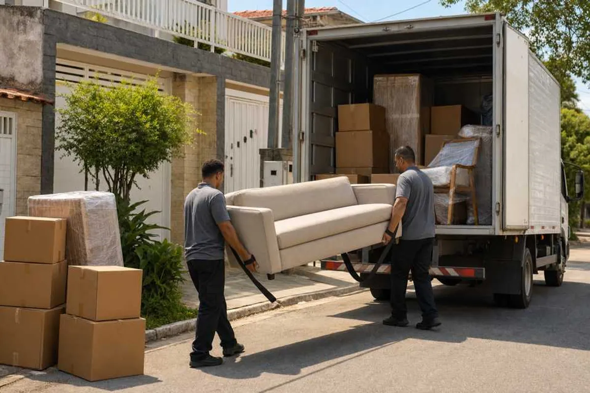 Equipe de mudança carregando móveis e caixas em caminhão de frete em Dourados