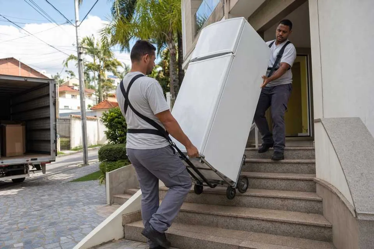 Equipe de mudancas carregando geladeira e fogao com cuidado em Dourados
